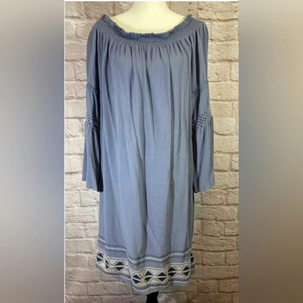 Knox Rose Blue Gauzy off shoulder embroidered Midi Dress Flutter sleeves L